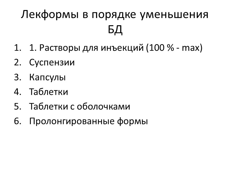 Лекформы в порядке уменьшения БД 1. Растворы для инъекций (100 % - max) Суспензии